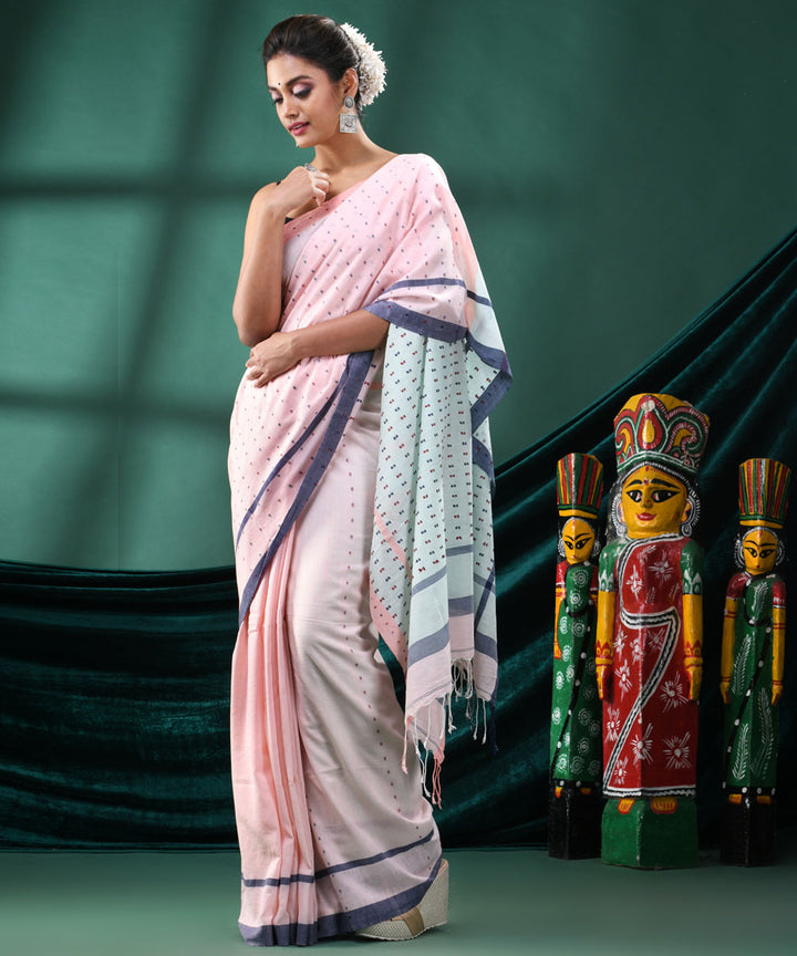 Baby pink  handloom cotton bengal saree