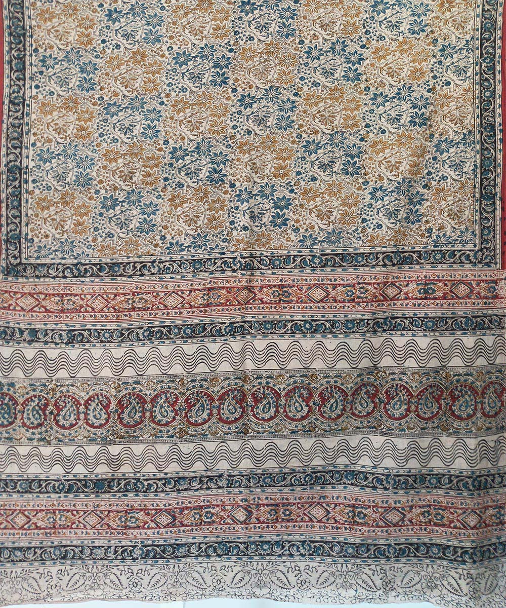 Blue yellow kalamkari cotton hand printed saree