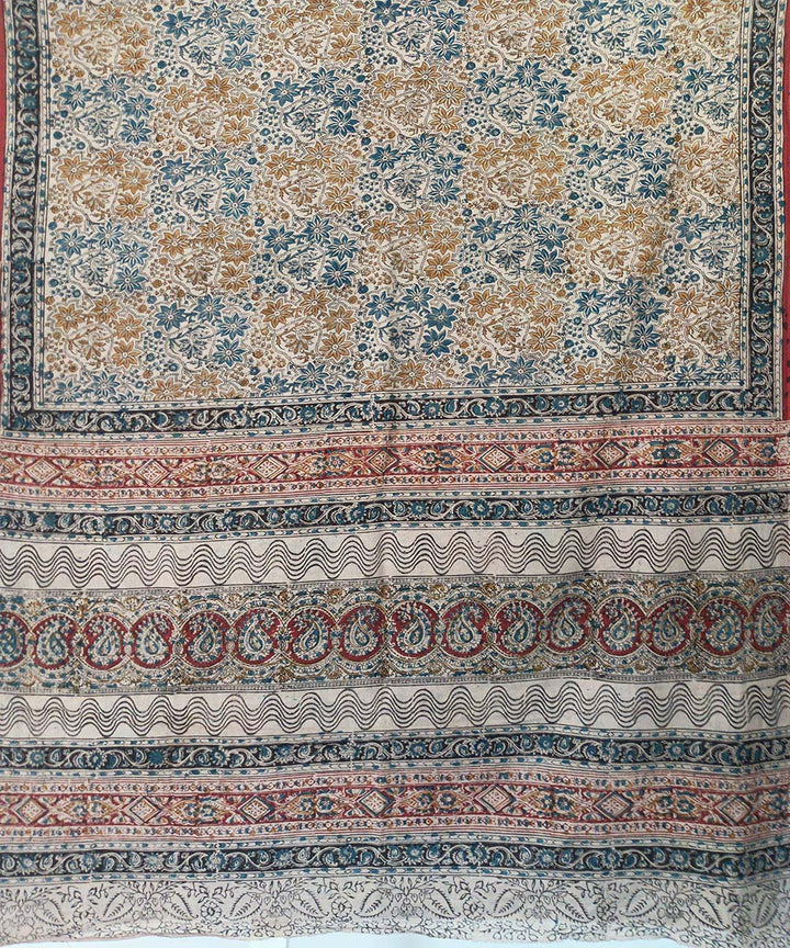 Blue yellow kalamkari cotton hand printed saree