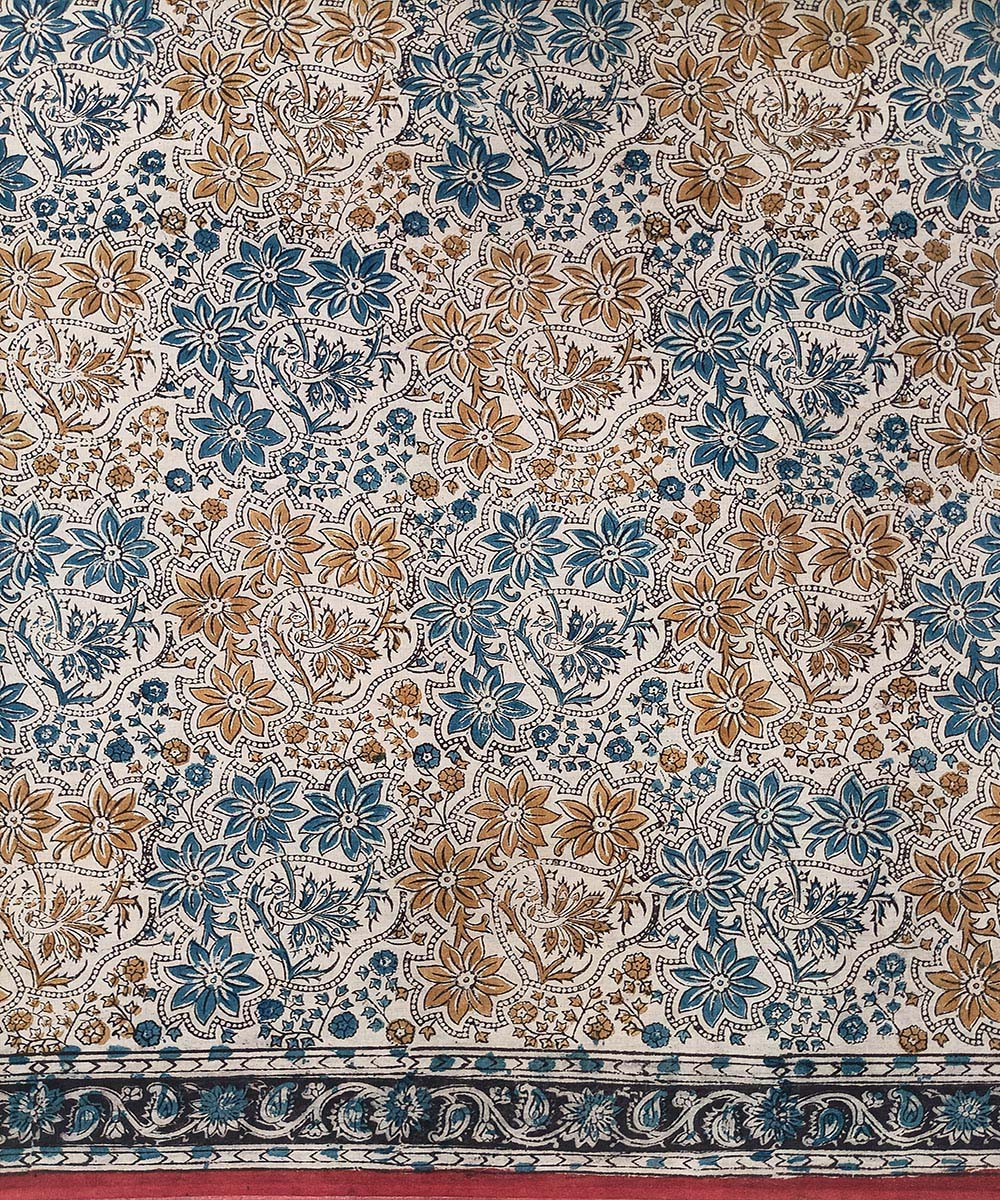 Blue yellow kalamkari cotton hand printed saree