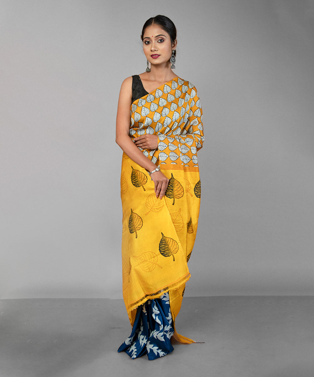 Yellow deep blue silk hand block printed saree