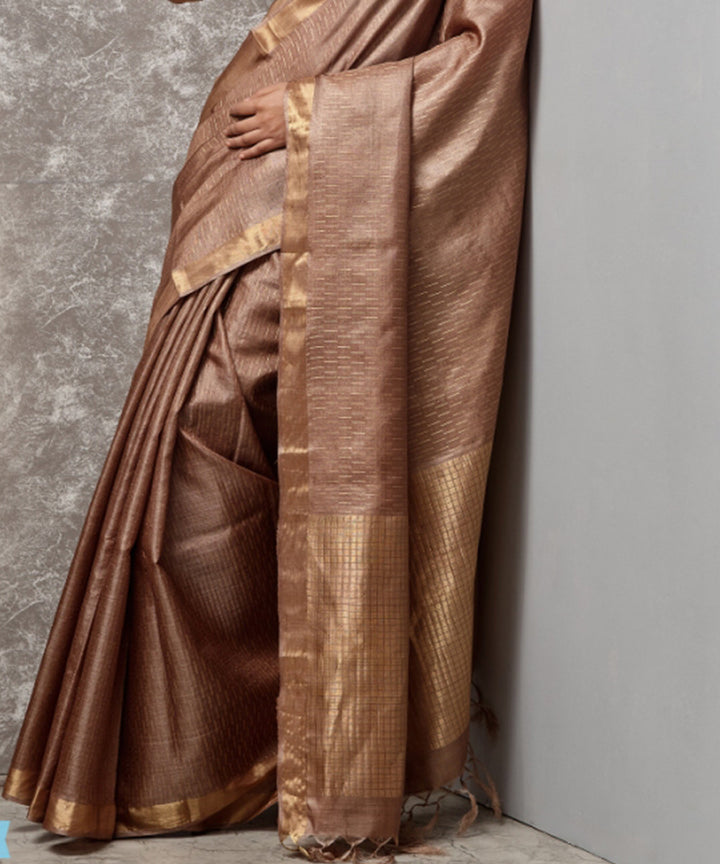 Sandal beige handwoven chhatisgarh tussar silk saree