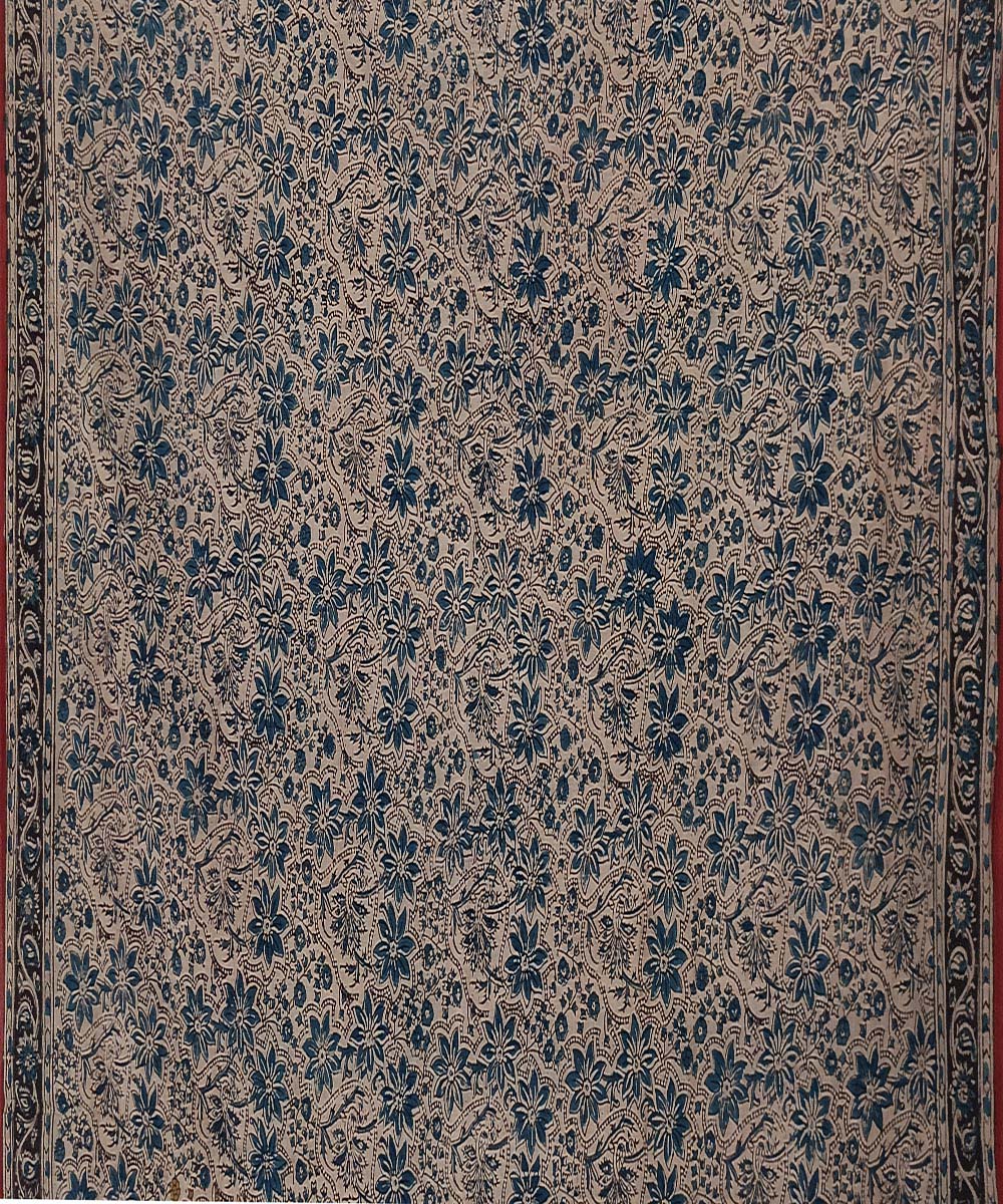 Blue yellow kalamkari cotton hand printed saree