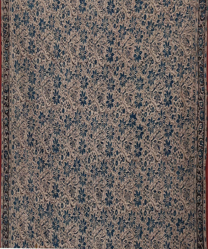 Blue yellow kalamkari cotton hand printed saree