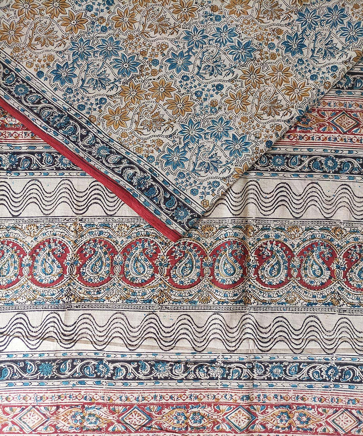 Blue yellow kalamkari cotton hand printed saree