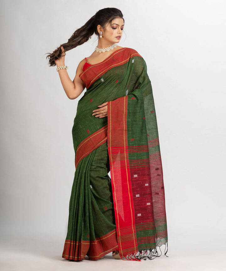 Battle green red handwoven cotton bengal saree