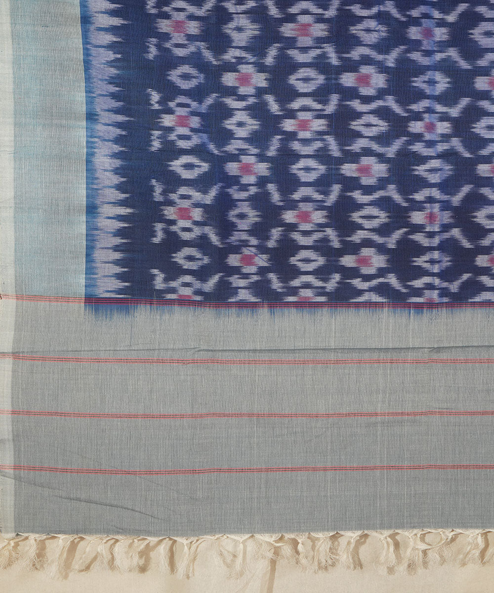 Navy blue grey handwoven cotton pochampally ikat dupatta