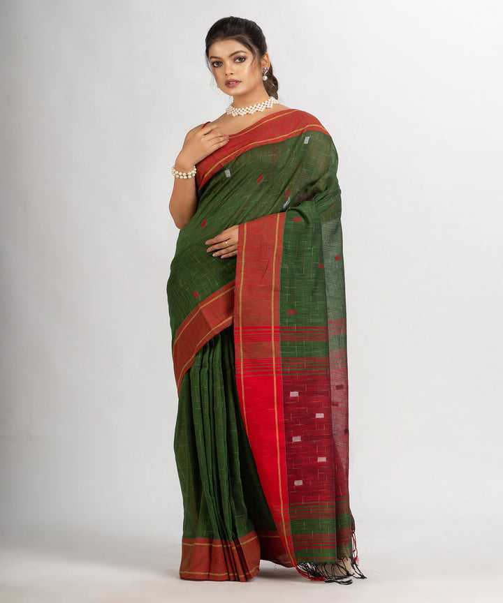 Battle green red handwoven cotton bengal saree