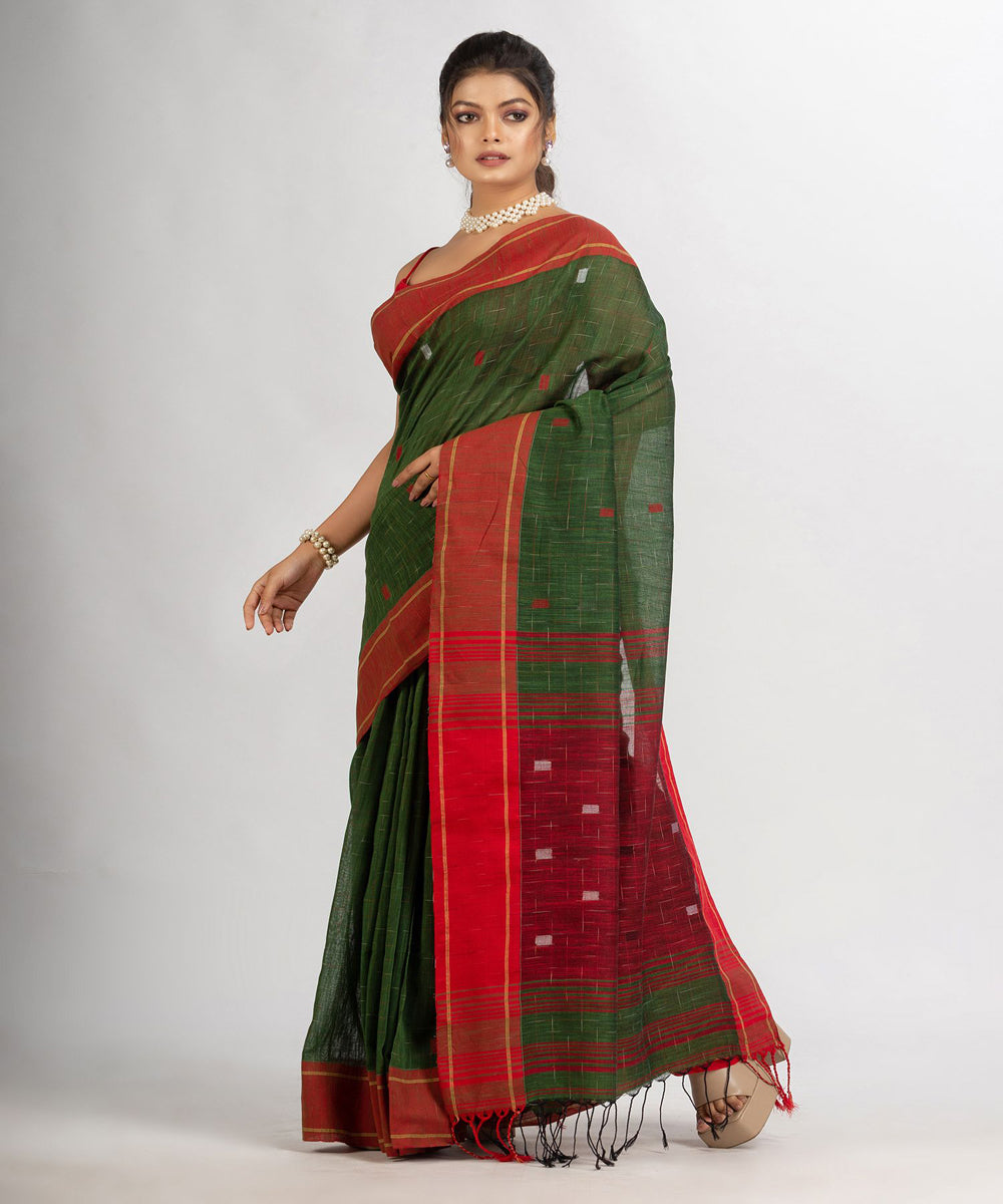 Battle green red handwoven cotton bengal saree