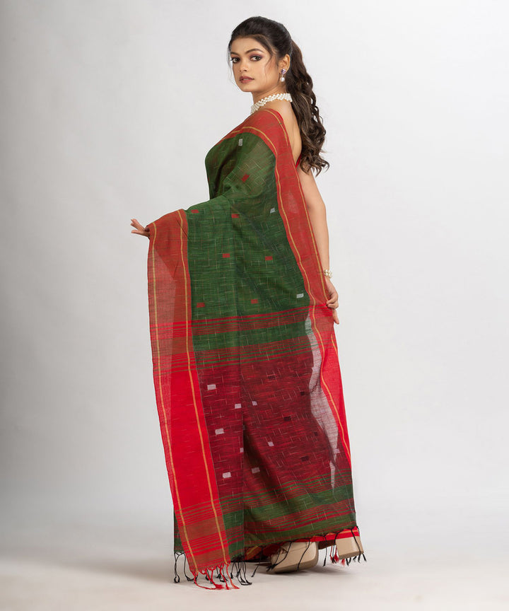 Battle green red handwoven cotton bengal saree