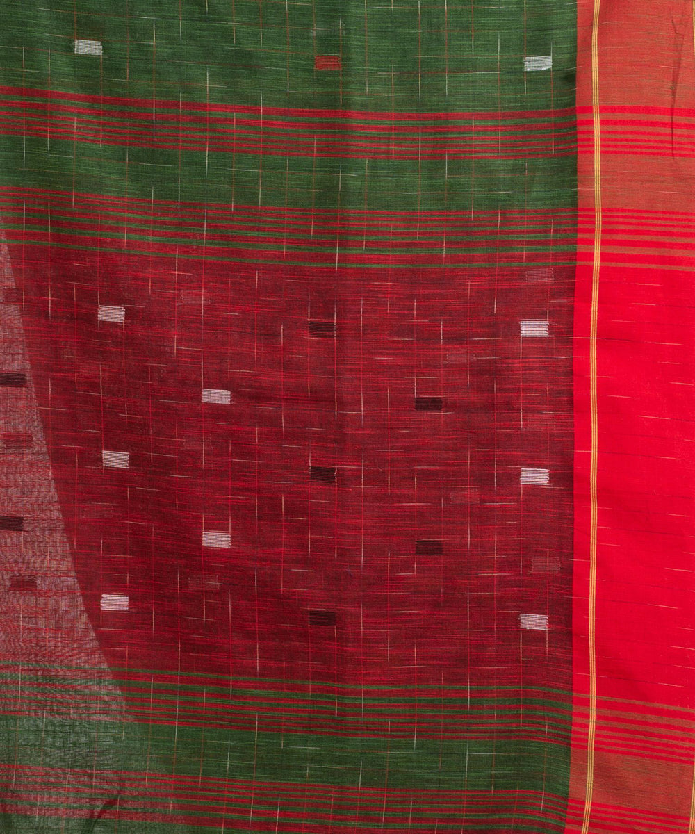 Battle green red handwoven cotton bengal saree