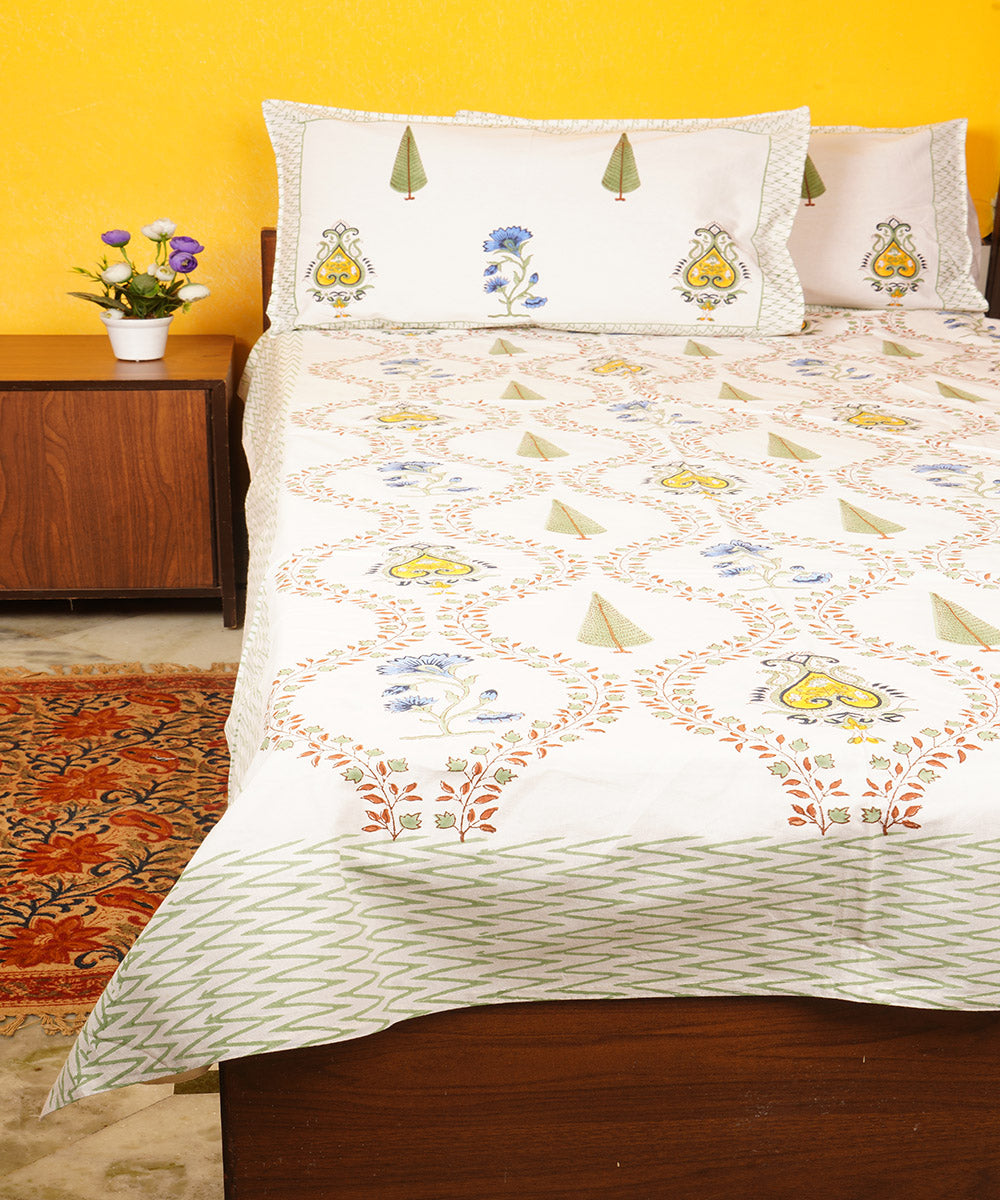 White multicolor hand block printed cotton double bedsheet