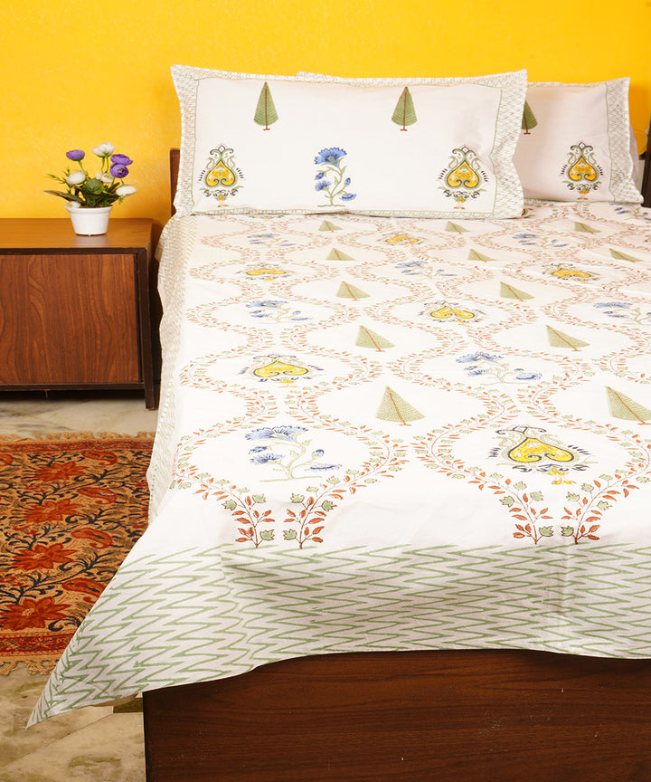White multicolor hand block printed cotton double bedsheet