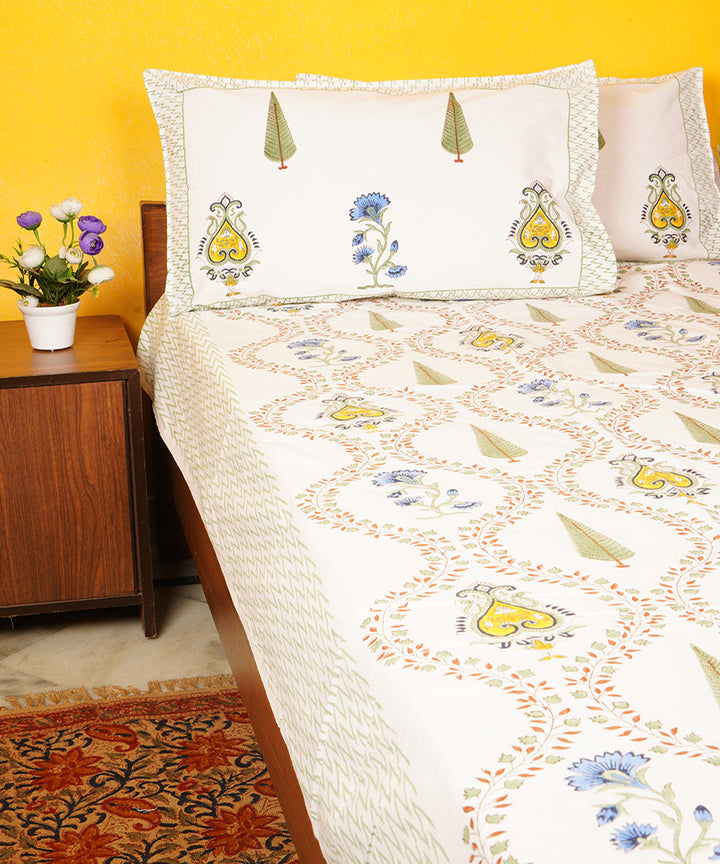 White multicolor hand block printed cotton double bedsheet