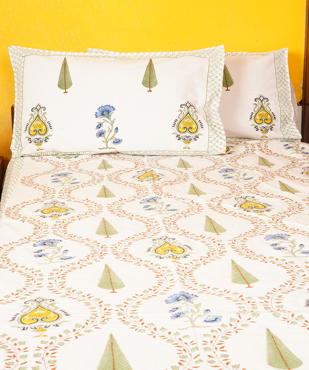 White multicolor hand block printed cotton double bedsheet