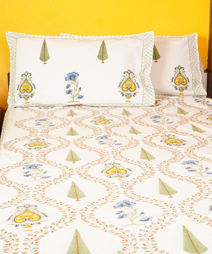 White multicolor hand block printed cotton double bedsheet
