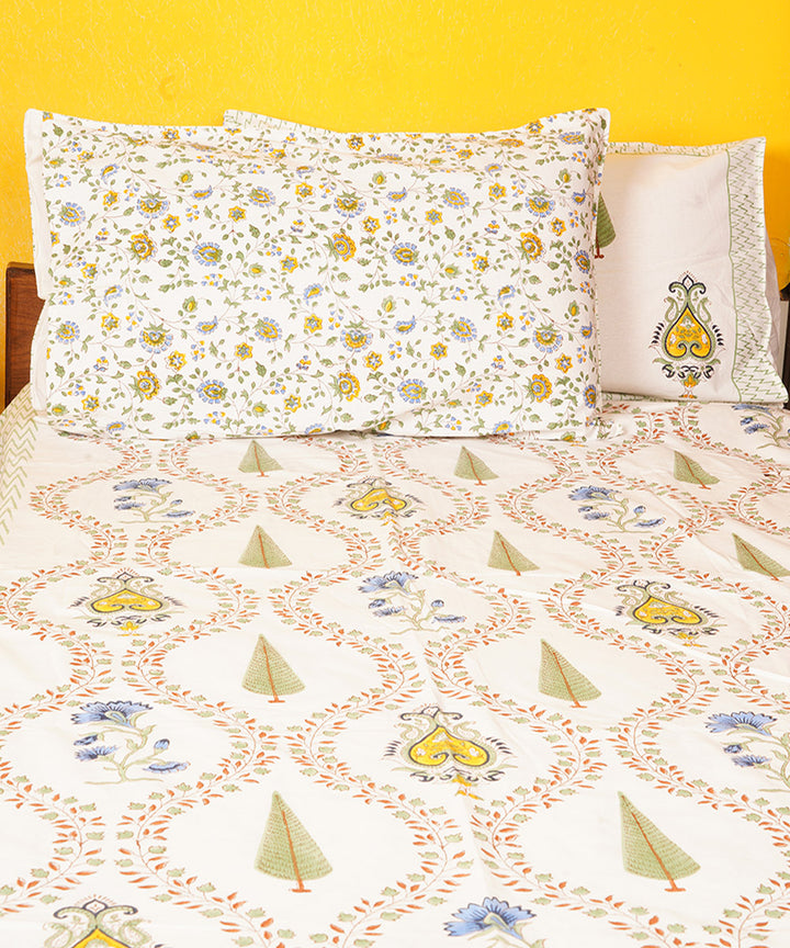 White multicolor hand block printed cotton double bedsheet