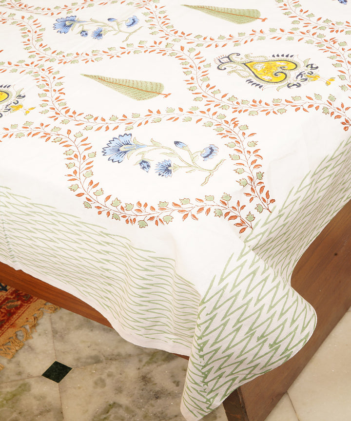 White multicolor hand block printed cotton double bedsheet