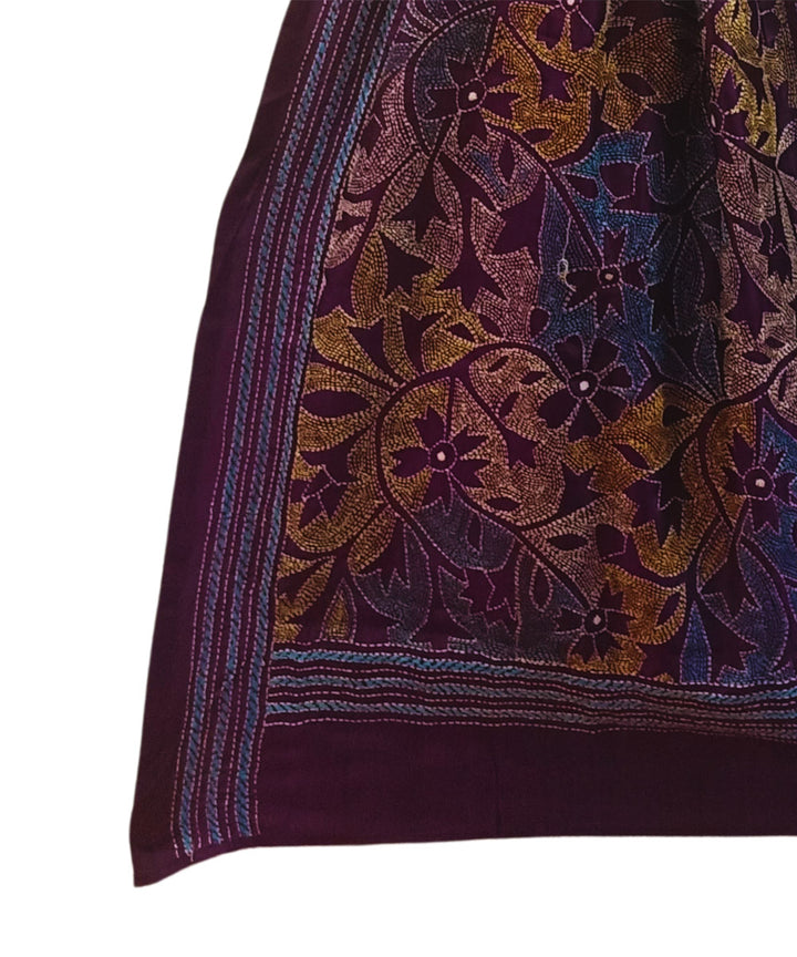 Maroon multicolor thread handwoven silk kantha stitch stole
