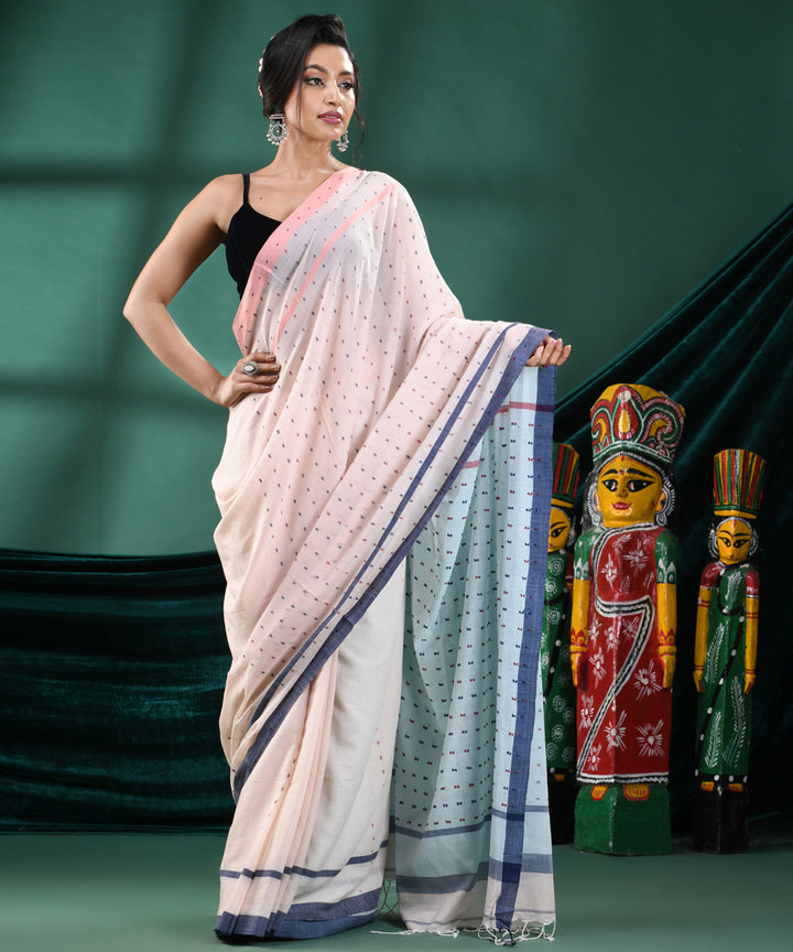 Cream black handloom cotton bengal saree