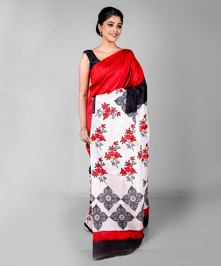 Red black silk hand block printed saree