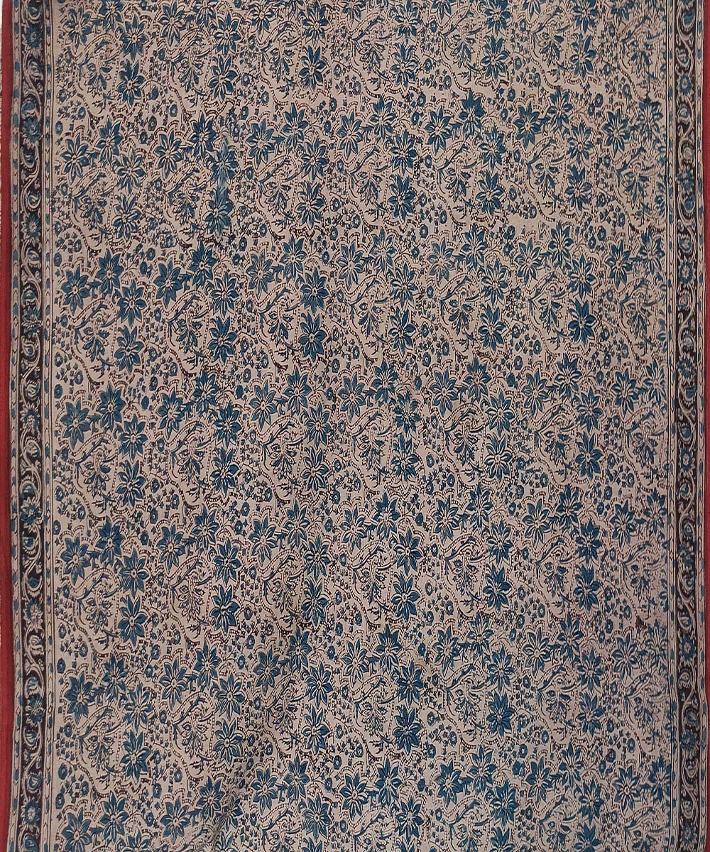 Blue black border kalamkari cotton hand printed saree