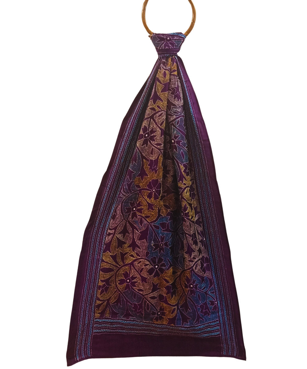 Maroon multicolor thread handwoven silk kantha stitch stole