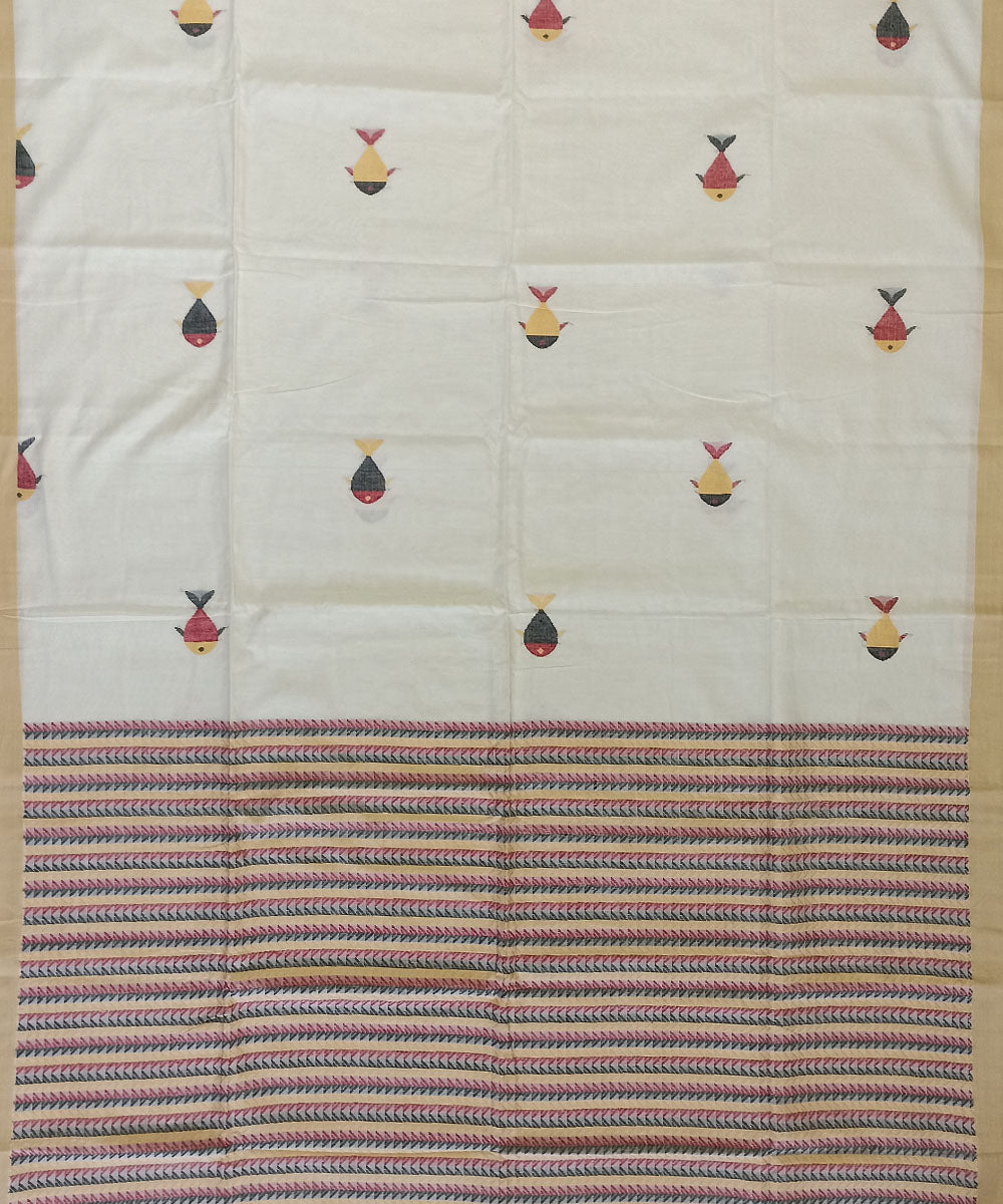 Beige red handloom cotton bengal saree