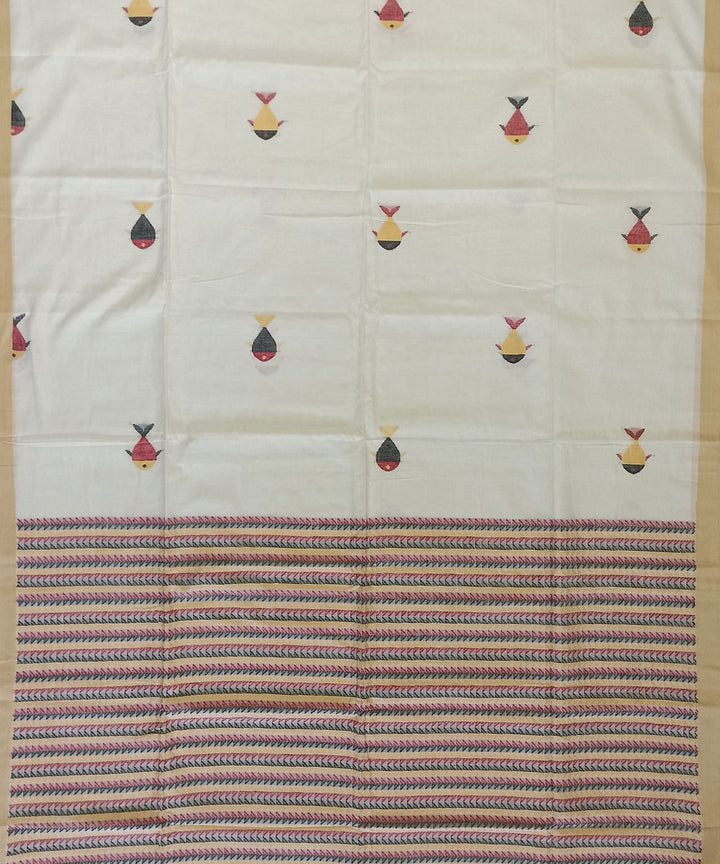 Beige red handloom cotton bengal saree