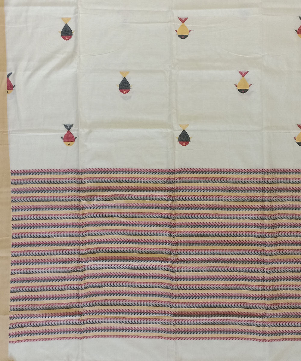 Beige red handloom cotton bengal saree