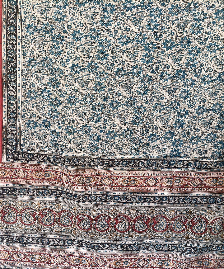 Blue black border kalamkari cotton hand printed saree