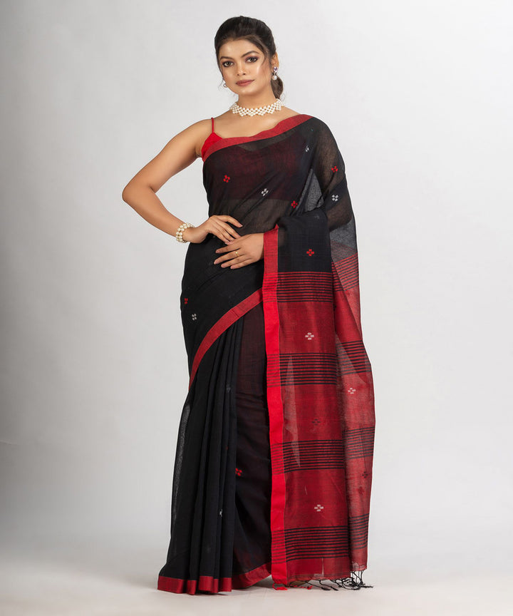 Black red handwoven cotton bengal saree