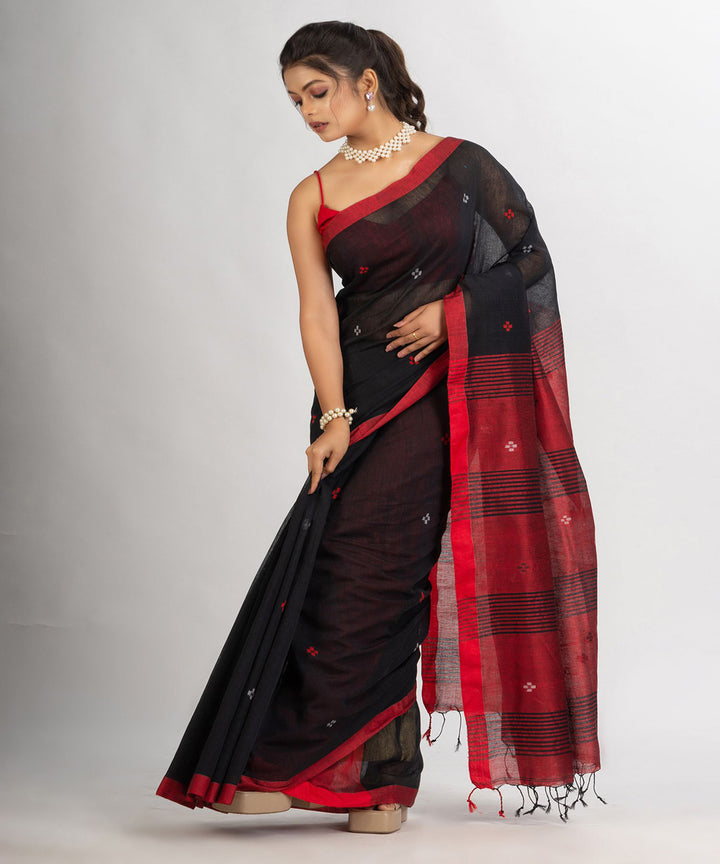 Black red handwoven cotton bengal saree