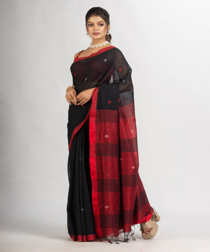 Black red handwoven cotton bengal saree