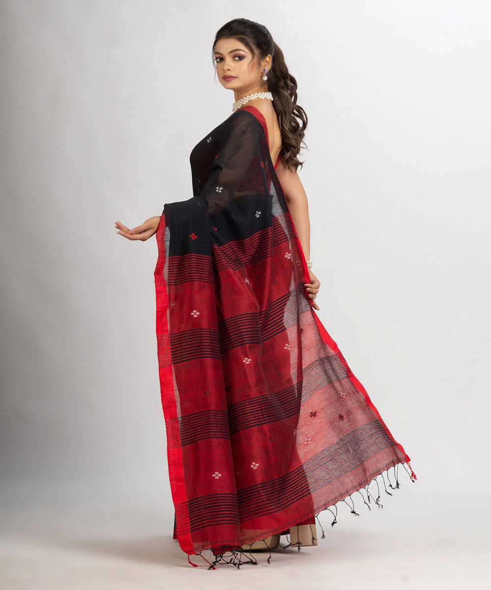 Black red handwoven cotton bengal saree