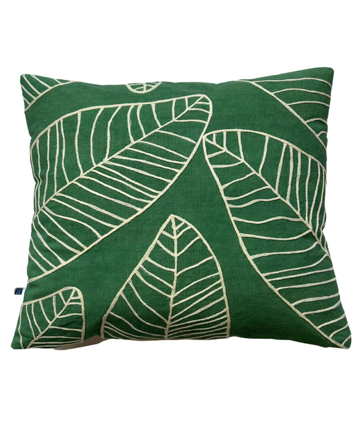 Dark green white hand embroidered cotton cushion cover