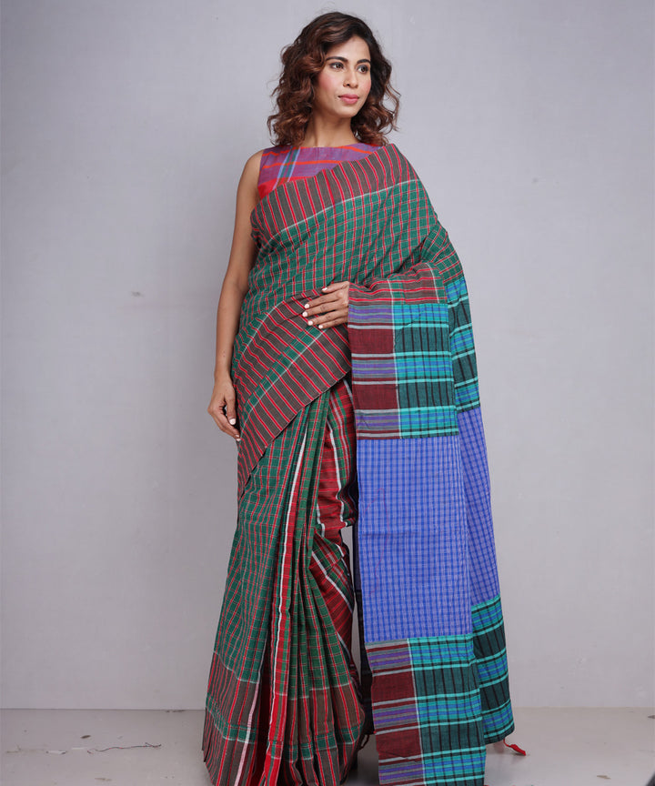 Dark green blue handloom gamcha cotton saree