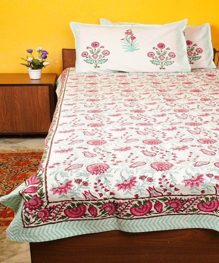 White pink cotton hand block print double bedsheet