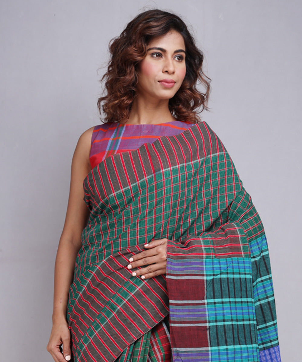 Dark green blue handloom gamcha cotton saree