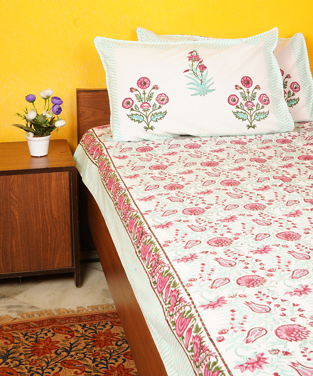 White pink cotton hand block print double bedsheet