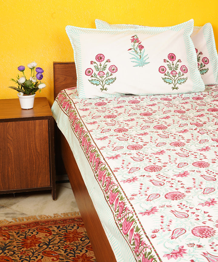 White pink cotton hand block print double bedsheet