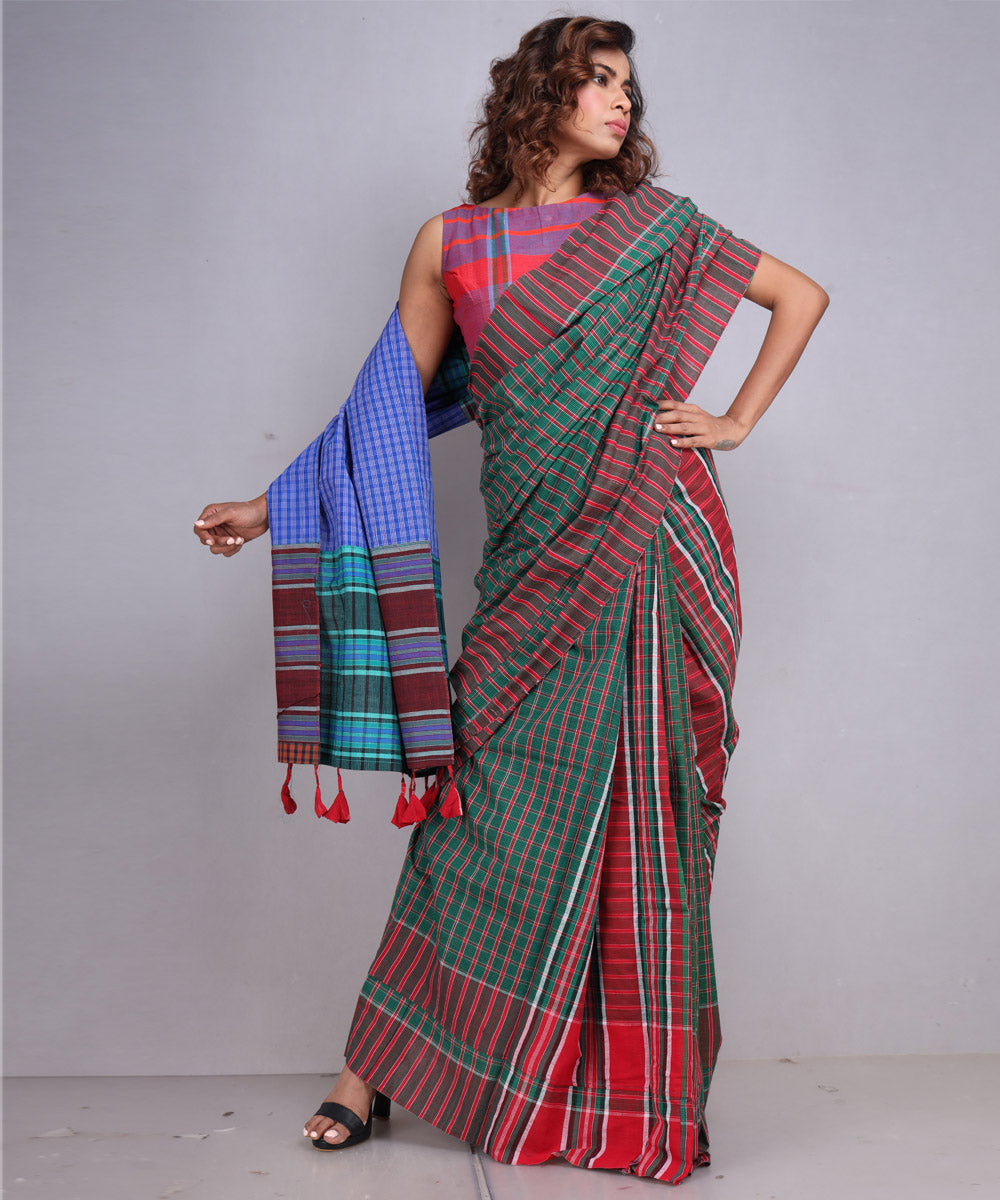 Dark green blue handloom gamcha cotton saree