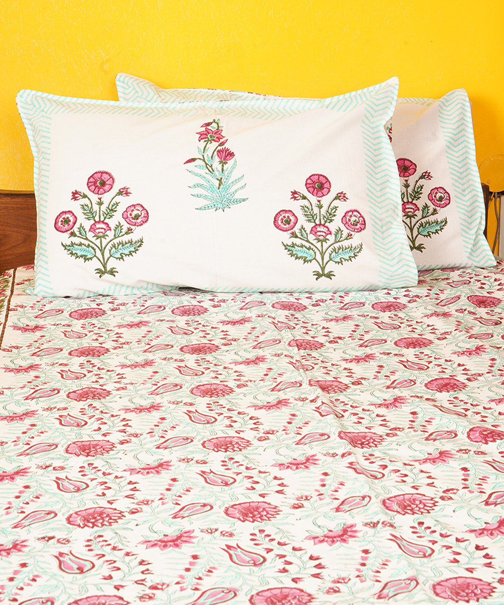 White pink cotton hand block print double bedsheet