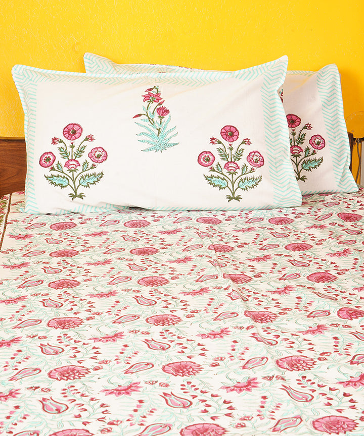 White pink cotton hand block print double bedsheet