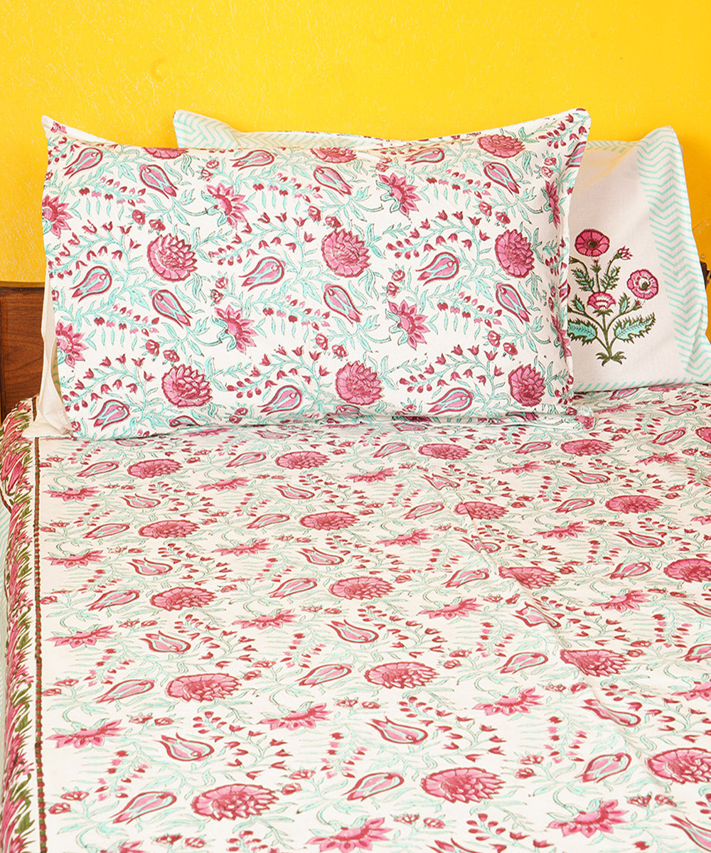 White pink cotton hand block print double bedsheet