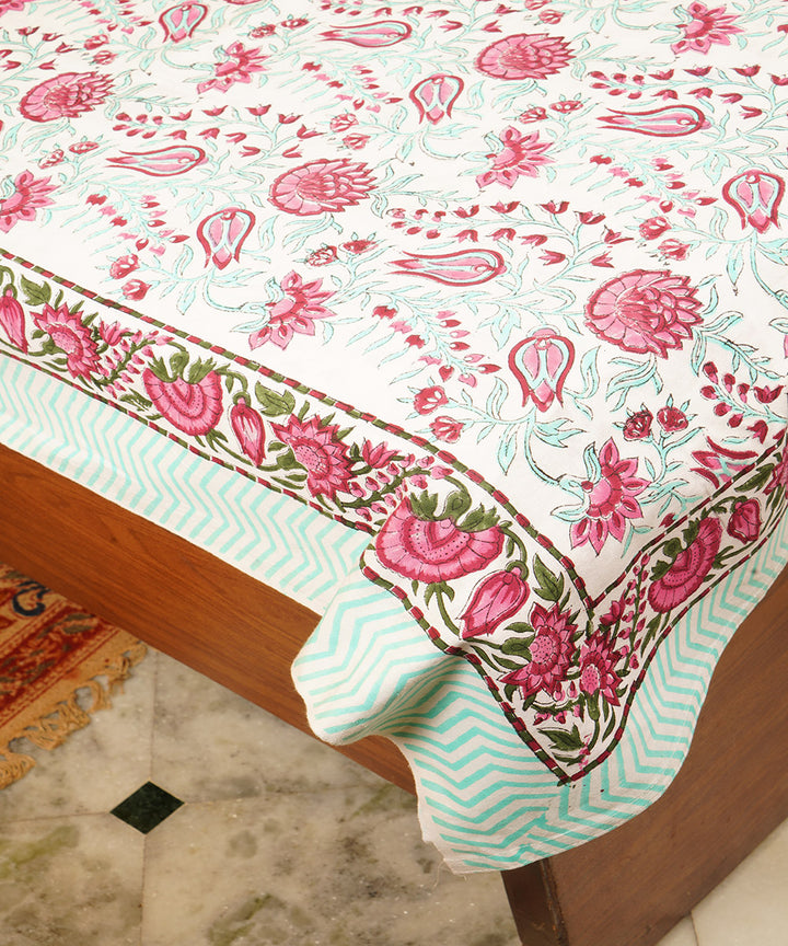 White pink cotton hand block print double bedsheet