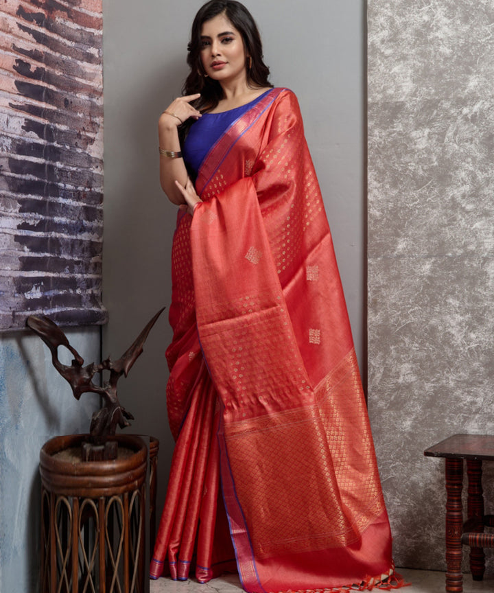 Red chhatisgarh tussar silk handwoven saree