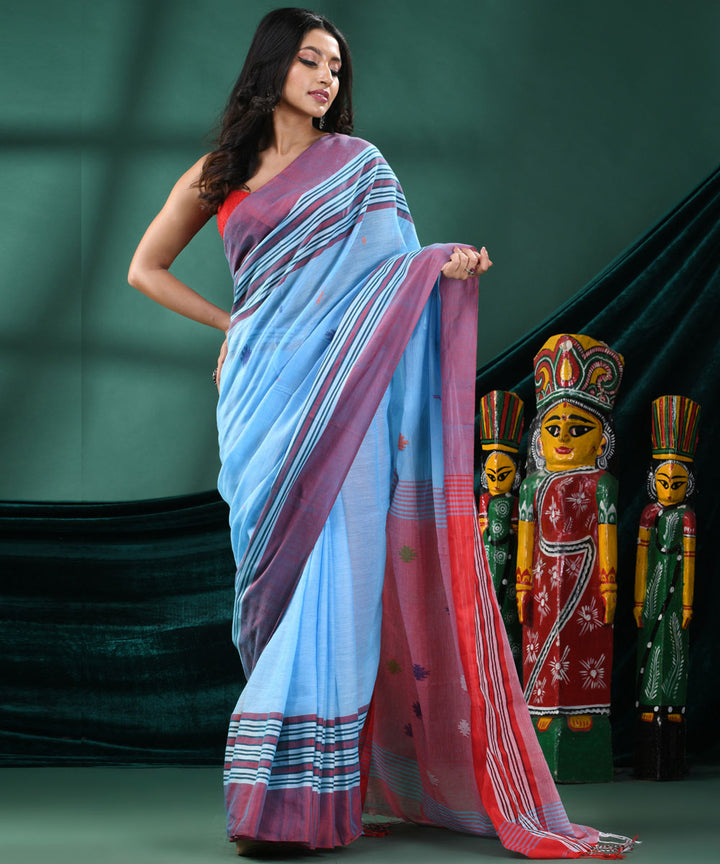 Sky blue red handloom bengal cotton saree