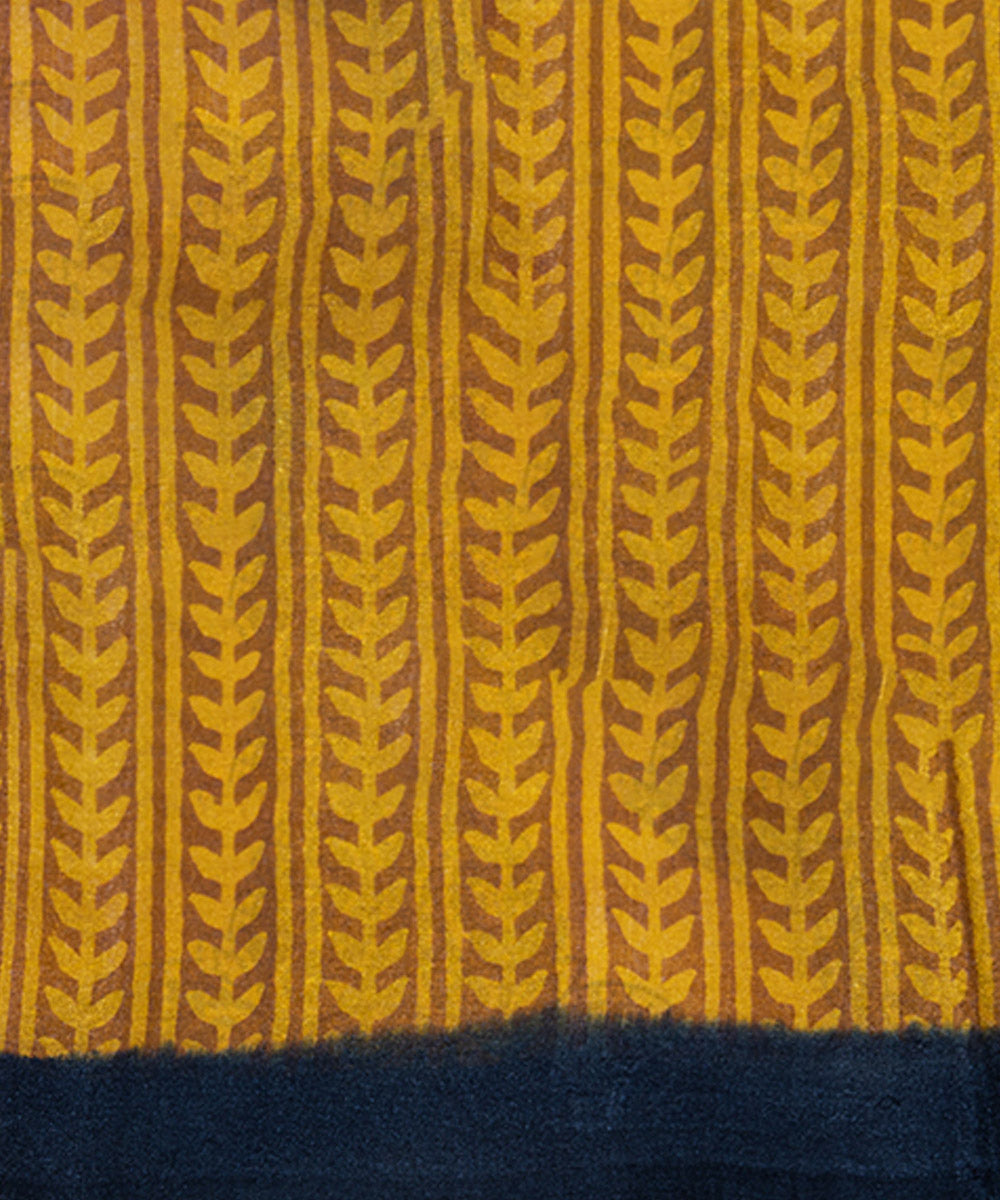 Mustard black silk hand block printed saree