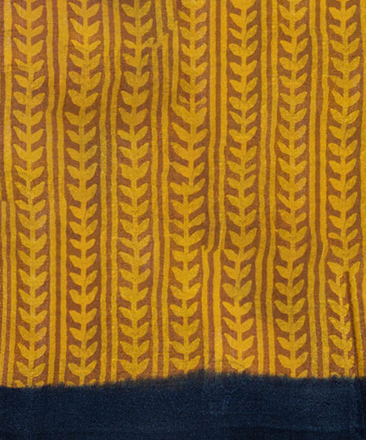 Mustard black silk hand block printed saree